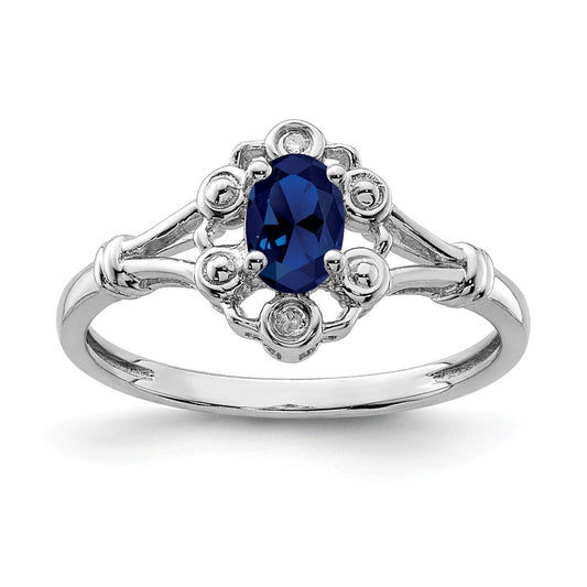 925 Sterling Silver Rhodium-plated Created Sapphire & Diamond Ring, Size: 6