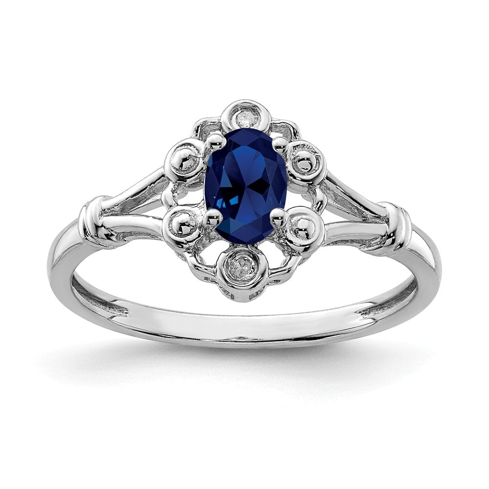 925 Sterling Silver Rhodium-plated Created Sapphire & Diamond Ring, Size: 5