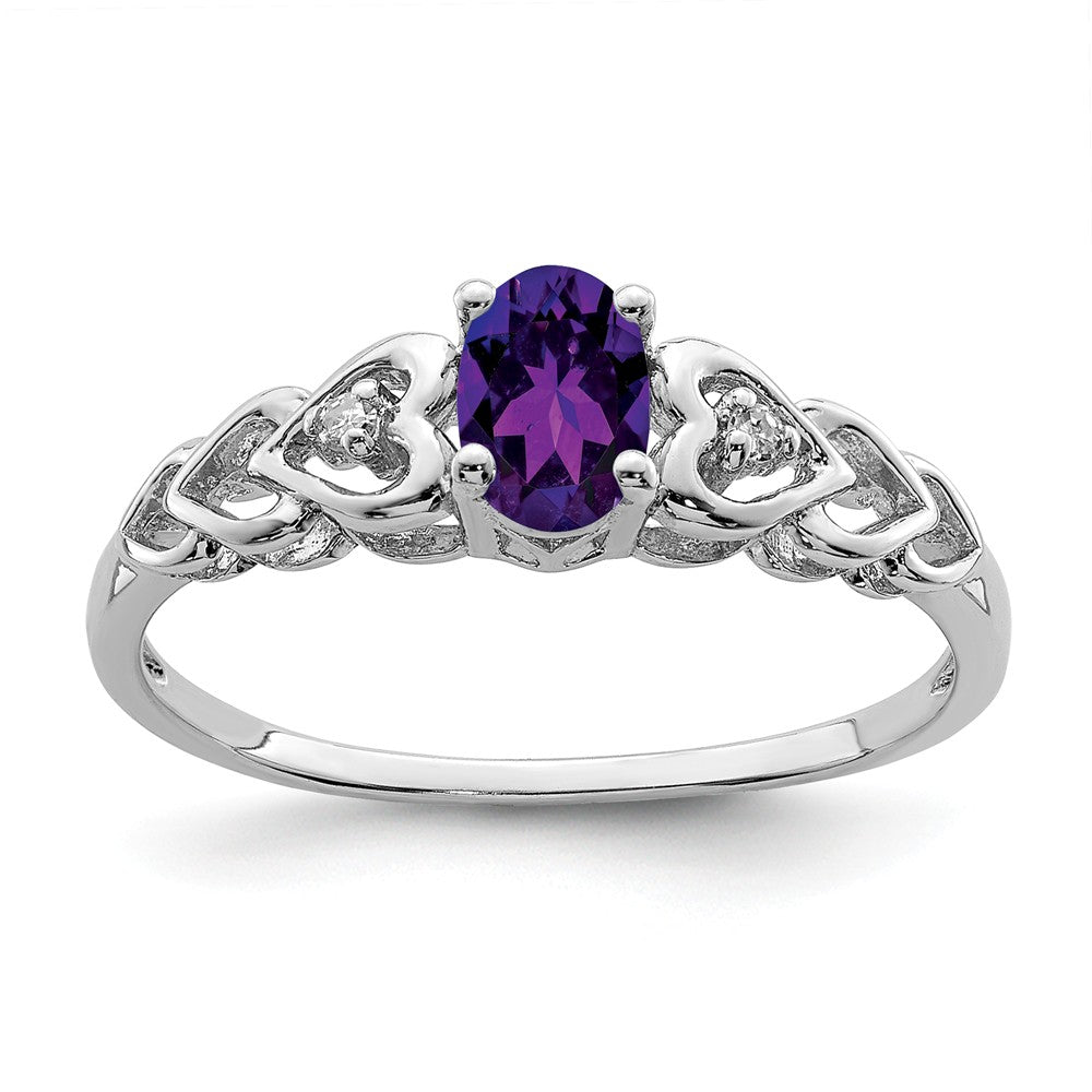 925 Sterling Silver Rhodium-plated Amethyst & Diamond Ring, Size: 8