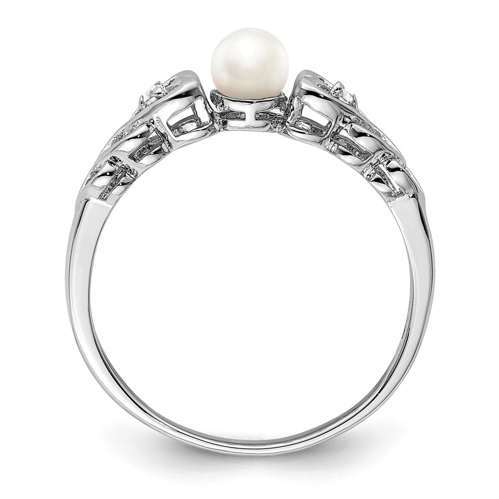 925 Sterling Silver Rhodium-plated Freshwater Cultured Pearl & Diamond Ring, Size: 7