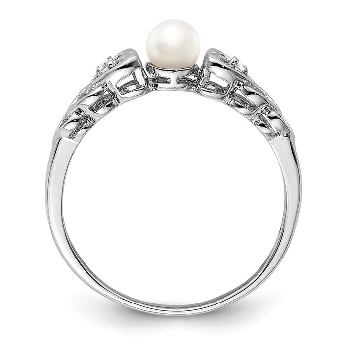 925 Sterling Silver Rhodium-plated Freshwater Cultured Pearl & Diamond Ring, Size: 6