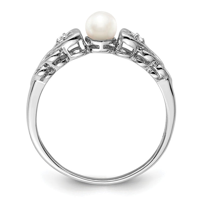 925 Sterling Silver Rhodium-plated Freshwater Cultured Pearl & Diamond Ring, Size: 8