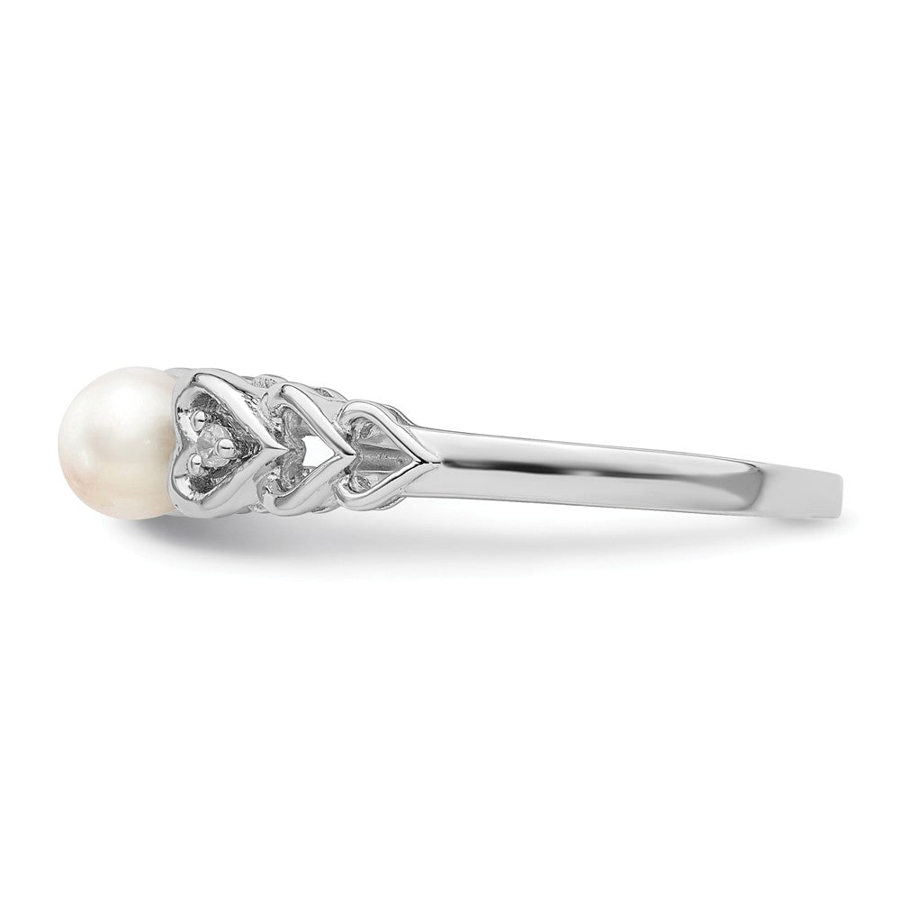 925 Sterling Silver Rhodium-plated Freshwater Cultured Pearl & Diamond Ring, Size: 5