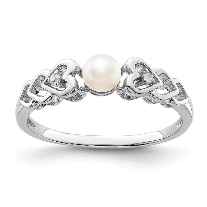 925 Sterling Silver Rhodium-plated Freshwater Cultured Pearl & Diamond Ring, Size: 7