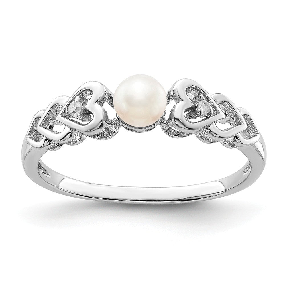 925 Sterling Silver Rhodium-plated Freshwater Cultured Pearl & Diamond Ring, Size: 10