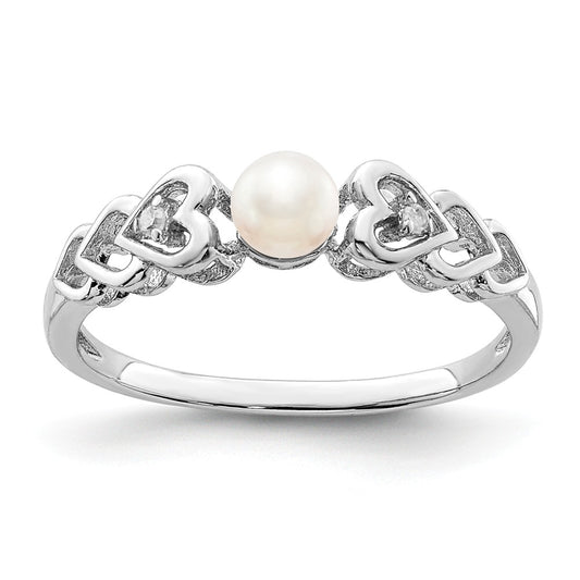 925 Sterling Silver Rhodium-plated Freshwater Cultured Pearl & Diamond Ring, Size: 5