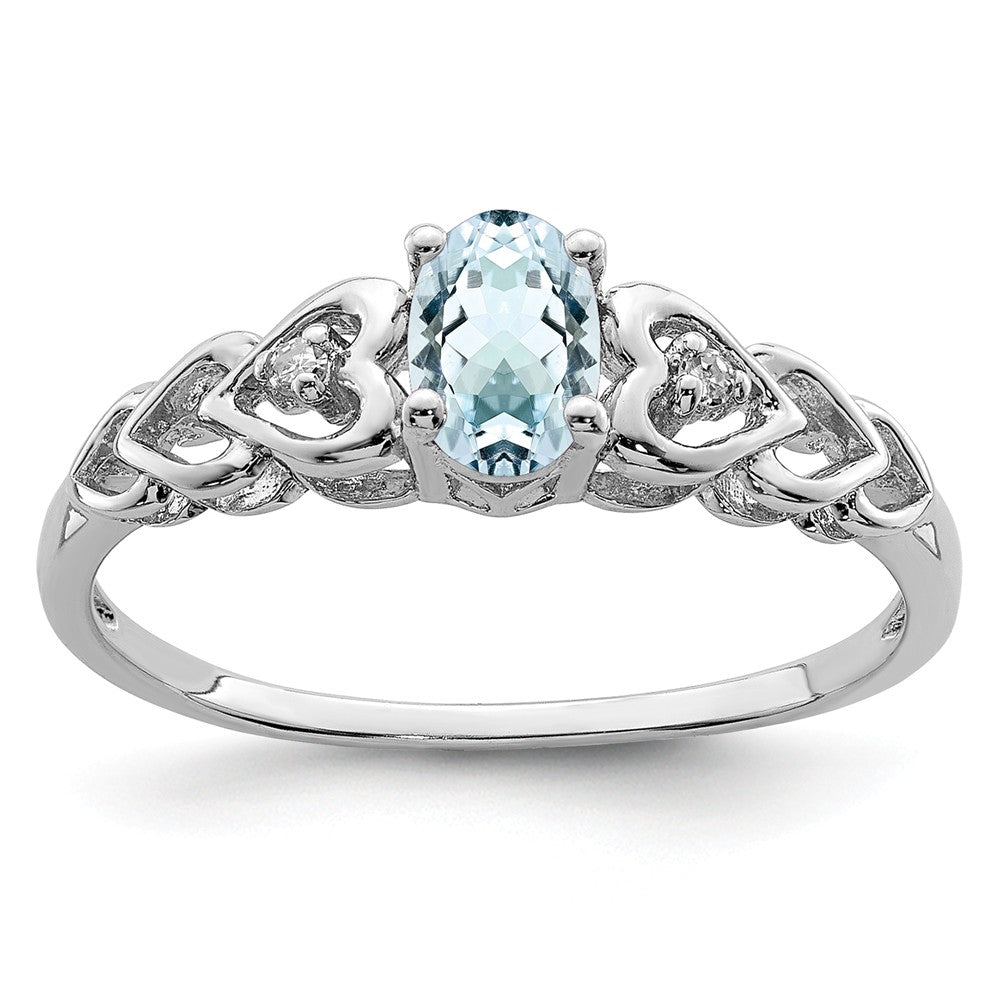 925 Sterling Silver Rhodium-plated Aquamarine & Diamond Ring, Size: 7