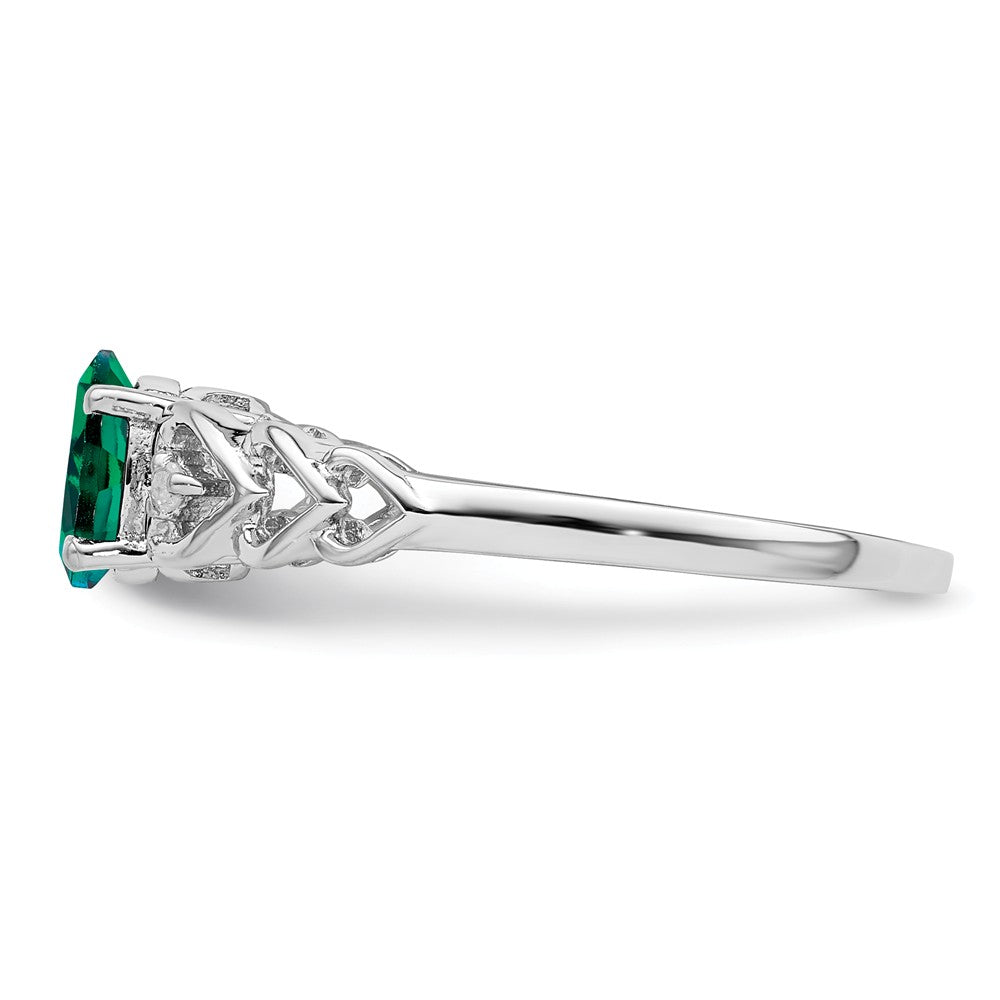 925 Sterling Silver Rhodium-plated Created Emerald & Diamond Ring, Size: 5