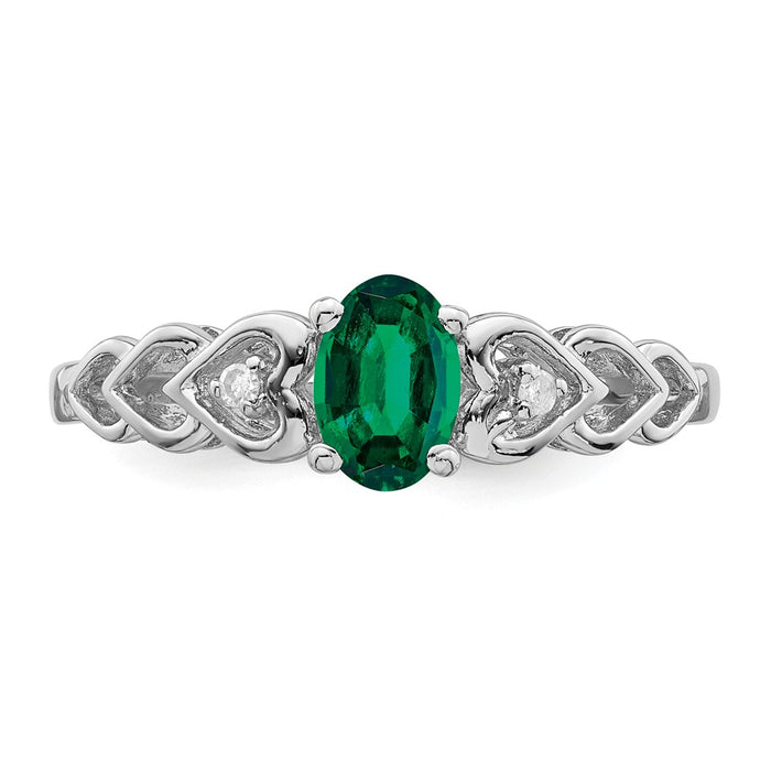 925 Sterling Silver Rhodium-plated Created Emerald & Diamond Ring, Size: 10