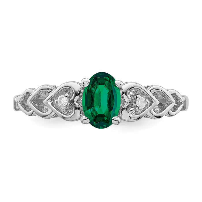 925 Sterling Silver Rhodium-plated Created Emerald & Diamond Ring, Size: 9