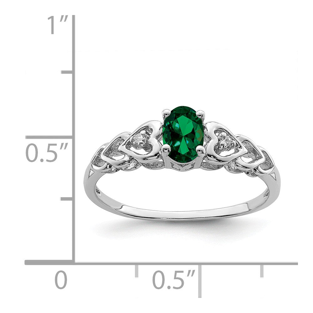 925 Sterling Silver Rhodium-plated Created Emerald & Diamond Ring, Size: 7