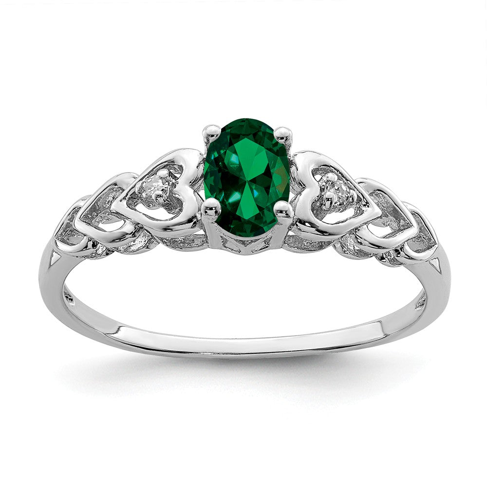925 Sterling Silver Rhodium-plated Created Emerald & Diamond Ring, Size: 9