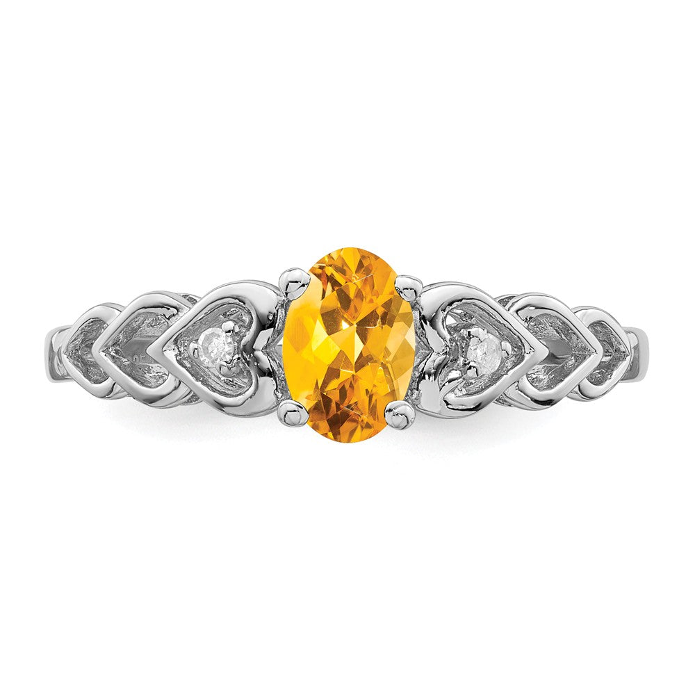 925 Sterling Silver Rhodium-plated Citrine & Diamond Ring, Size: 5