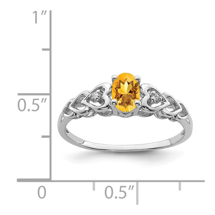 925 Sterling Silver Rhodium-plated Citrine & Diamond Ring, Size: 5