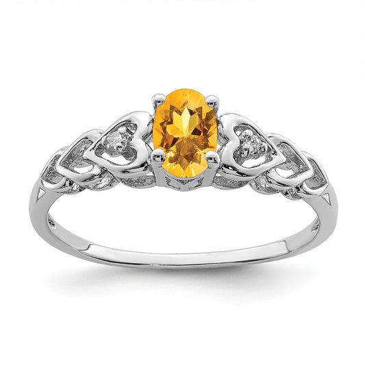 925 Sterling Silver Rhodium-plated Citrine & Diamond Ring, Size: 5