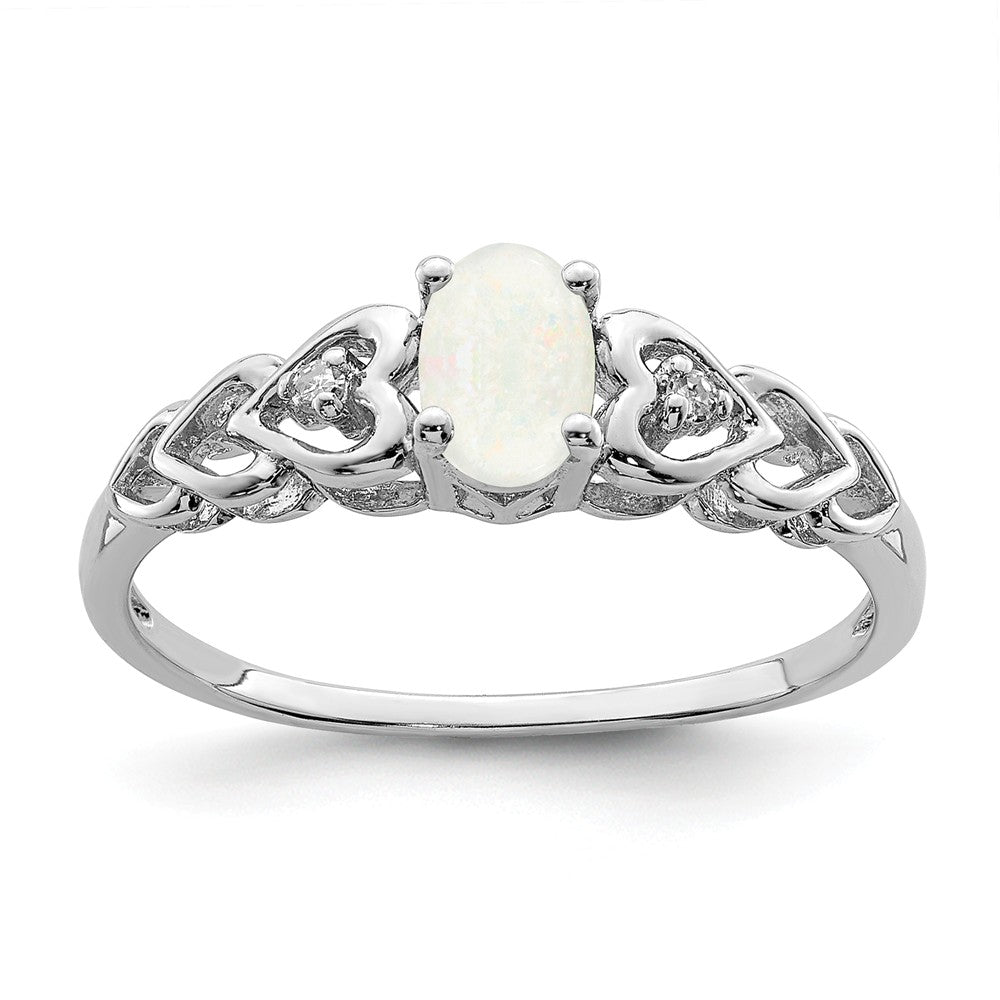 925 Sterling Silver Rhodium-plated Created Opal & Diamond Ring, Size: 5
