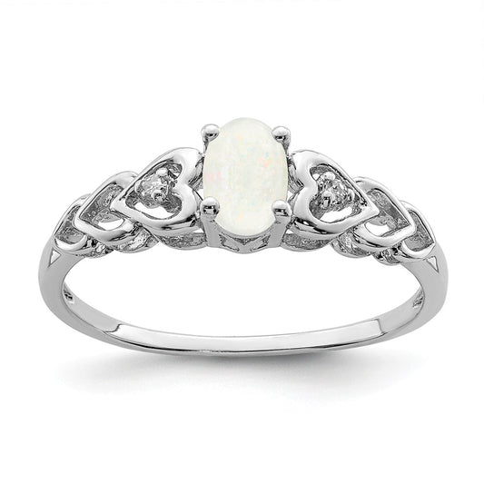 925 Sterling Silver Rhodium-plated Created Opal & Diamond Ring, Size: 5