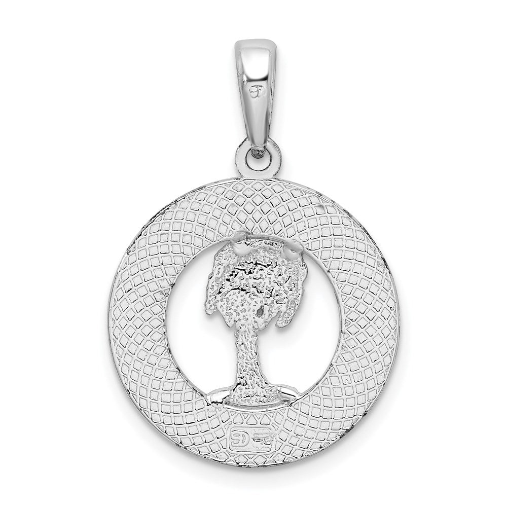 Million Charms 925 Sterling Silver Travel Charm Pendant, Hilton Head On Round Frame with Palm Tree Center