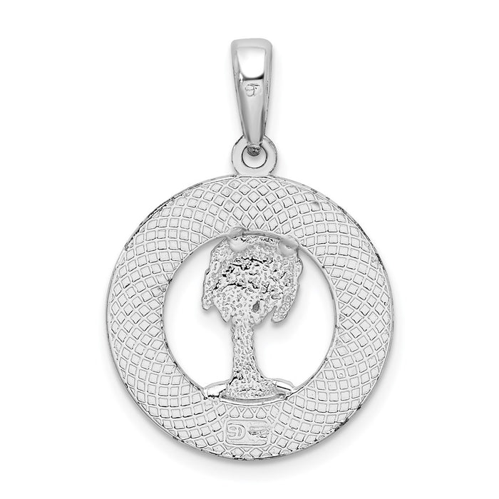 Million Charms 925 Sterling Silver Travel Charm Pendant, Hilton Head On Round Frame with Palm Tree Center