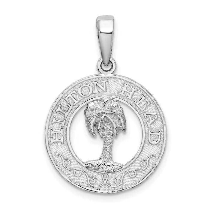 Million Charms 925 Sterling Silver Travel Charm Pendant, Hilton Head On Round Frame with Palm Tree Center