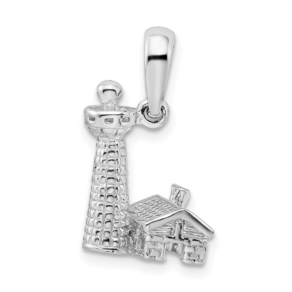 Million Charms 925 Sterling Silver Nautical Charm Pendant, 3-D Lighthouse with Side House, Textured