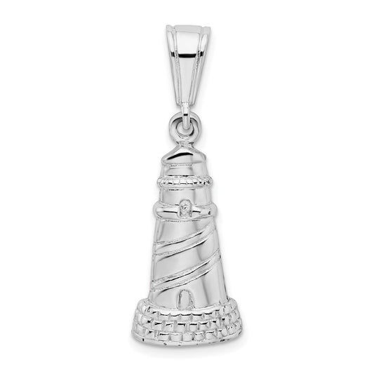 Million Charms 925 Sterling Silver Nautical Charm Pendant, Lighthouse, High Polish & Textured 2-D