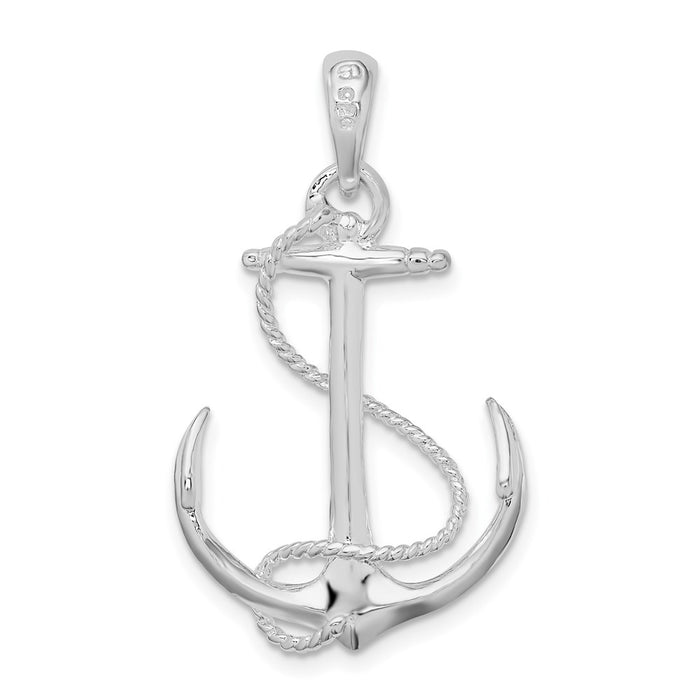 Million Charms 925 Sterling Silver Nautical  Charm Pendant, 3-D Anchor with Rope, High Polish & Textured