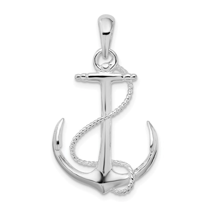 Million Charms 925 Sterling Silver Nautical  Charm Pendant, 3-D Anchor with Rope, High Polish & Textured
