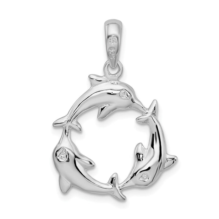 Million Charms 925 Sterling Silver Nautical Sea Life  Charm Pendant, 3 Dolphins Swimming In A Circle, High Polish & Textured