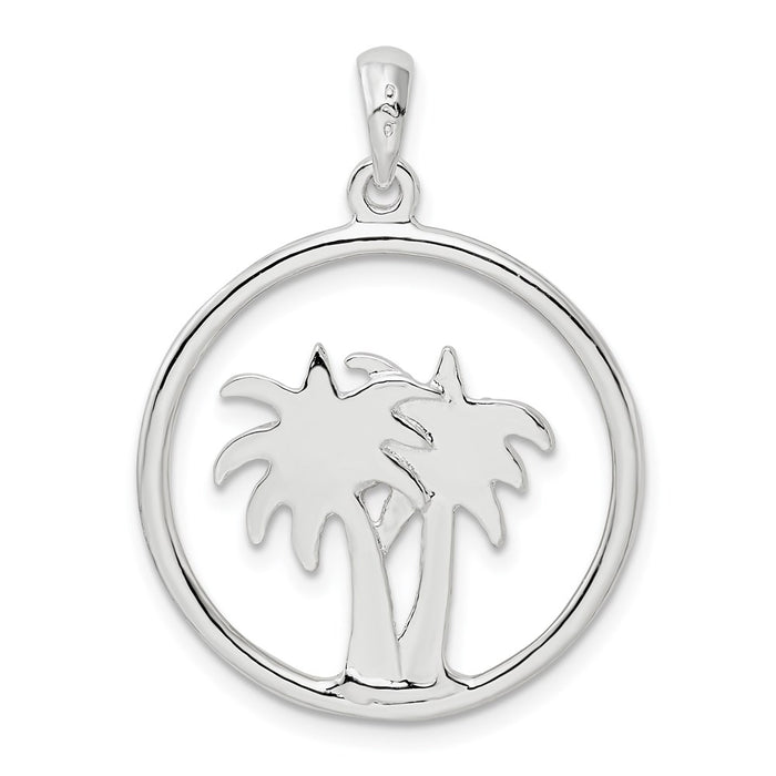Million Charms 925 Sterling Silver Nautical Coastal Charm Pendant, Double Palmetto Palm Tree In Round Frame