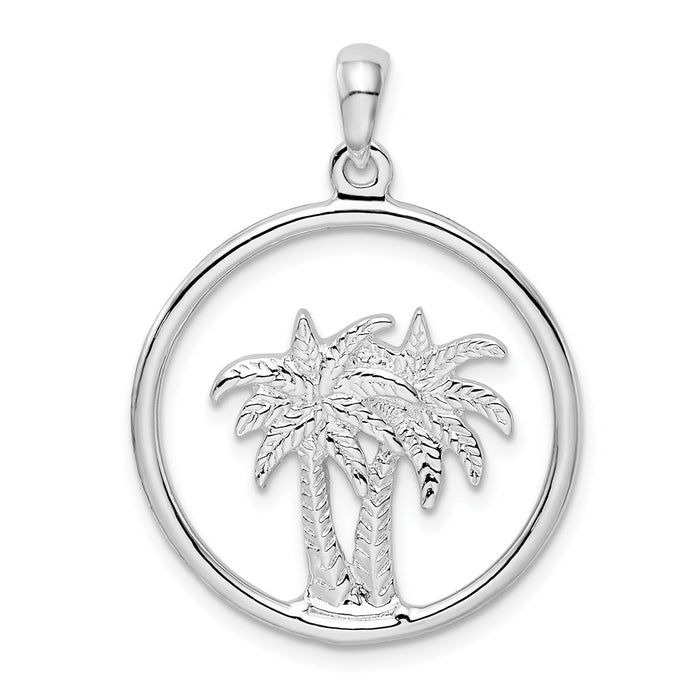 Million Charms 925 Sterling Silver Nautical Coastal Charm Pendant, Double Palmetto Palm Tree In Round Frame