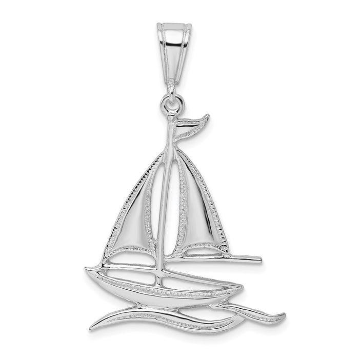 Million Charms 925 Sterling Silver Nautical  Charm Pendant, Sailboat with Water Cut-Out, High Polish & Textured Sail