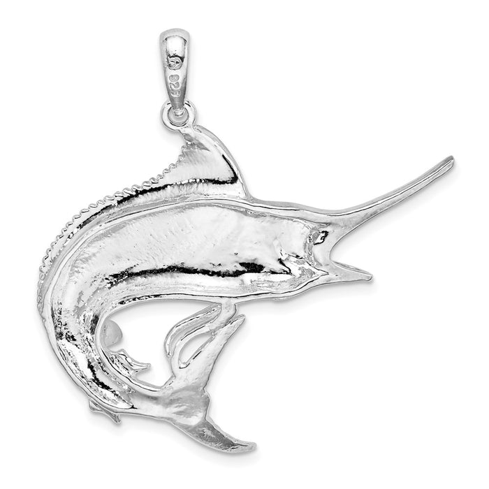 Million Charms 925 Sterling Silver Sea Life Nautical Charm Pendant, Large Marlin Fish, High Polish & Textured 2-D