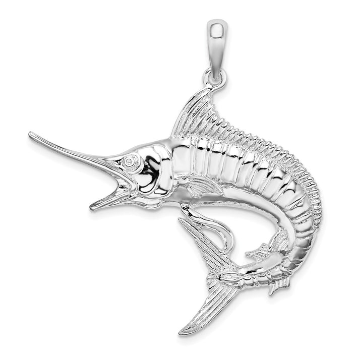 Million Charms 925 Sterling Silver Sea Life Nautical Charm Pendant, Large Marlin Fish, High Polish & Textured 2-D