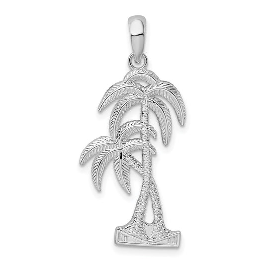 Million Charms 925 Sterling Silver Nautical Coastal Charm Pendant, Double Palm Trees with Tall Trunks Textured