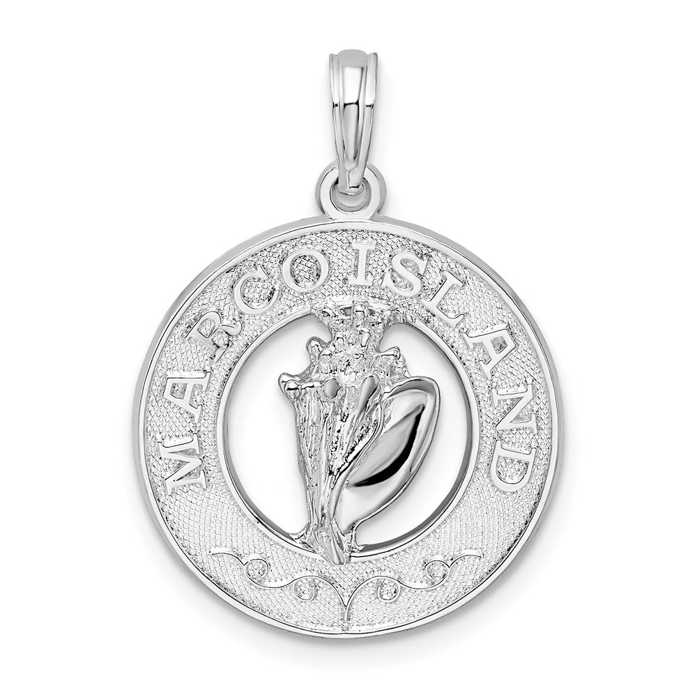 Million Charms 925 Sterling Silver Travel Charm Pendant, Marco Island On Round Frame with Conch Shell Center