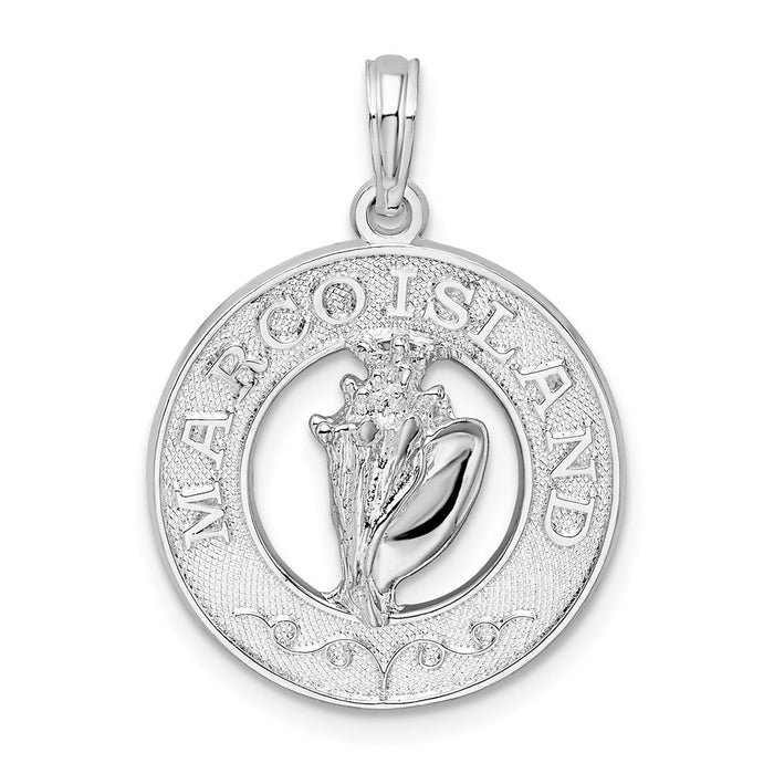 Million Charms 925 Sterling Silver Travel Charm Pendant, Marco Island On Round Frame with Conch Shell Center