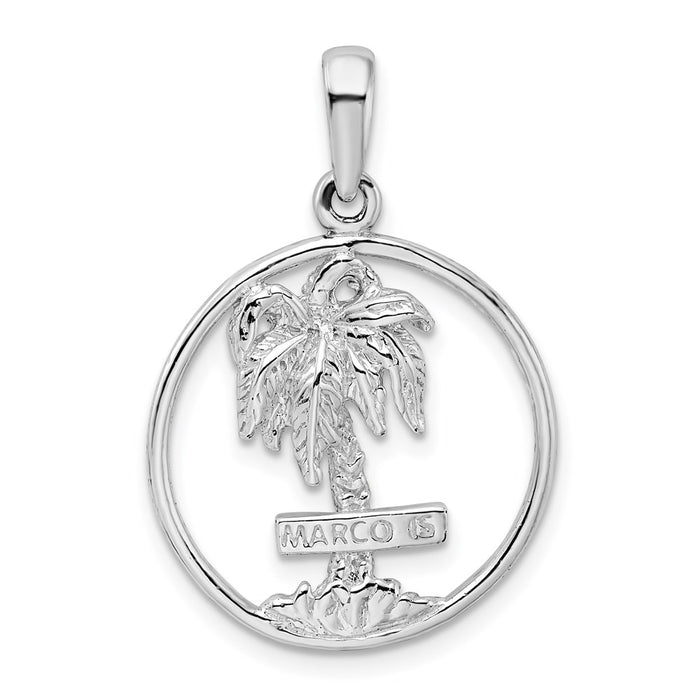 Million Charms 925 Sterling Silver Travel Charm Pendant,  Marco Island On Palm Tree In Round Frame, 2-D