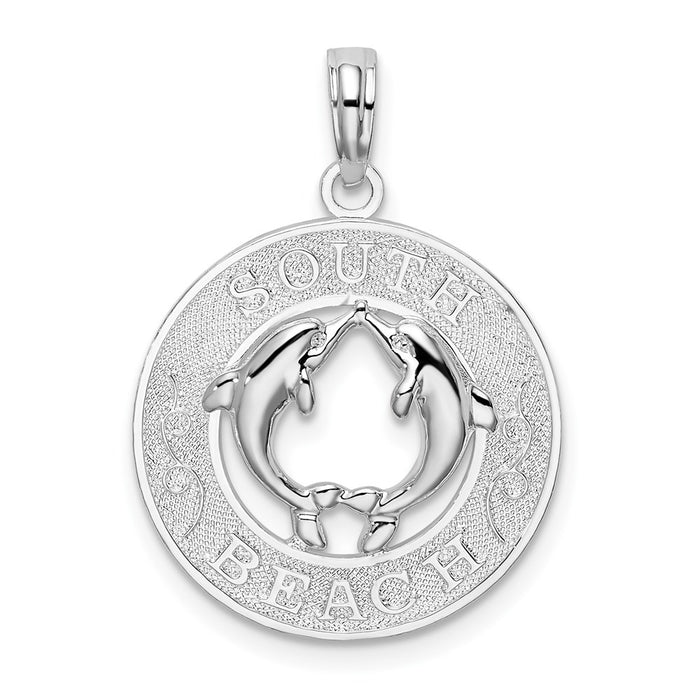 Million Charms 925 Sterling Silver Travel Charm Pendant, South Beach On Round Frame with Dolphins Center