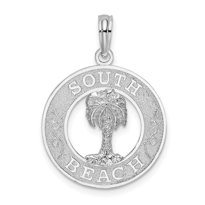 Million Charms 925 Sterling Silver Travel Charm Pendant, South Beach On Round Frame with Palm Tree Center