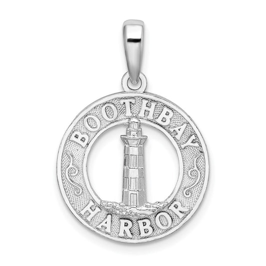 Million Charms 925 Sterling Silver Travel Charm Pendant, Boothbay Harbor On Round Frame with Lighthouse Center