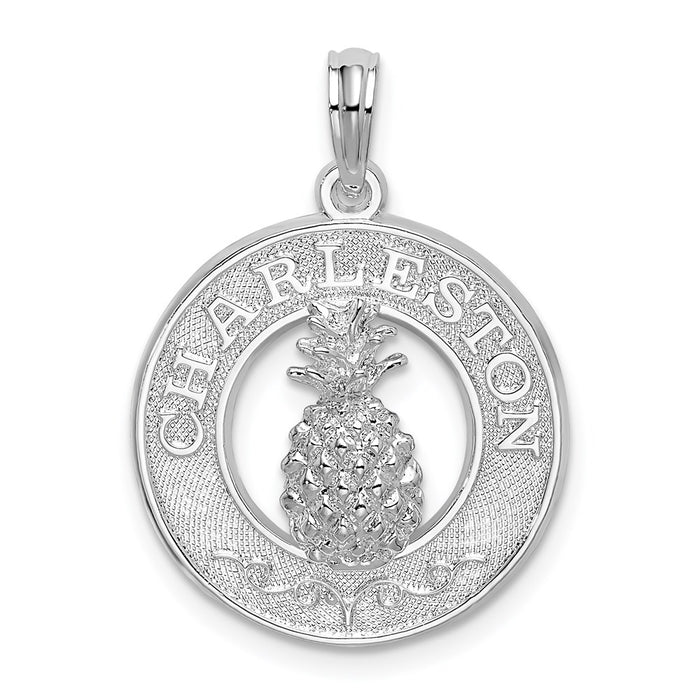 Million Charms 925 Sterling Silver Travel Charm Pendant, Charleston On Round Frame with Pineapple Center
