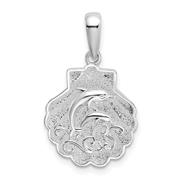 Million Charms 925 Sterling  Shell with Mini Double Dolphins & Waves, 2-D & Textured