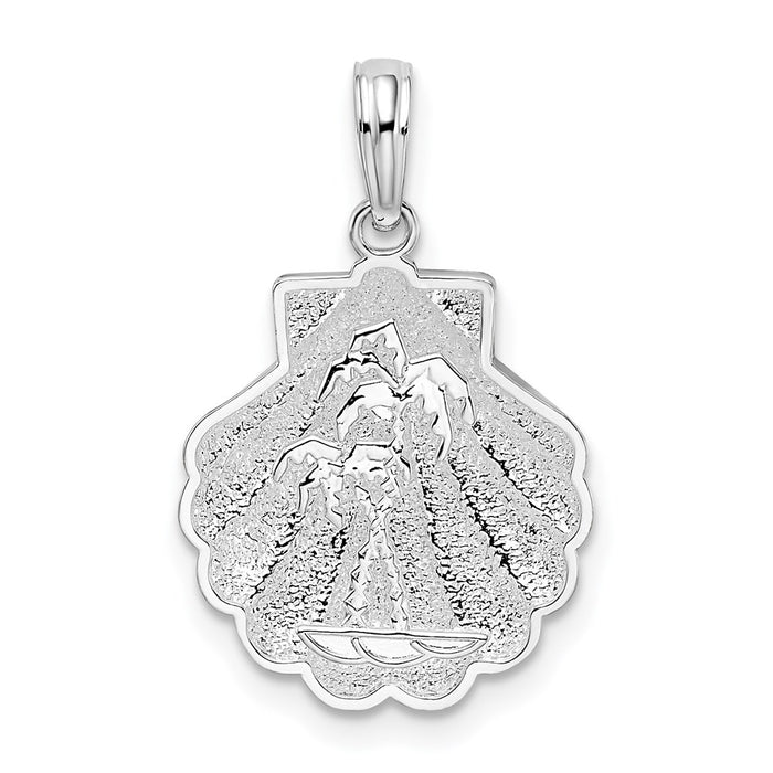 Million Charms 925 Sterling Silver Nautical Sea Life  Charm Pendant, Shell with Mini Double Palm Trees, 2-D & Textured