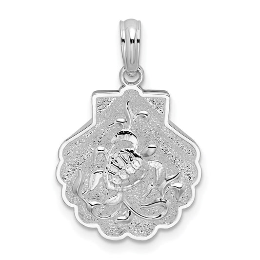 Million Charms 925 Sterling Silver Nautical Sea Life  Charm Pendant, Shell with Mini Sea Turtles & Kelp, 2-D & Textured