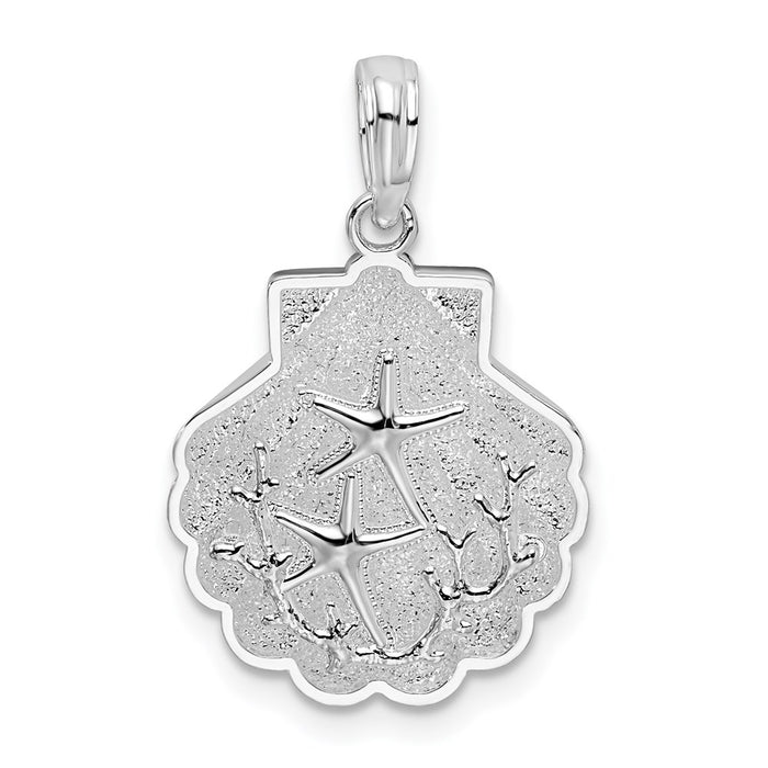 Million Charms 925 Sterling Silver Sea Life Nautical Charm Pendant, Shell with Mini Double Starfish & Coral, 2-D & Textured