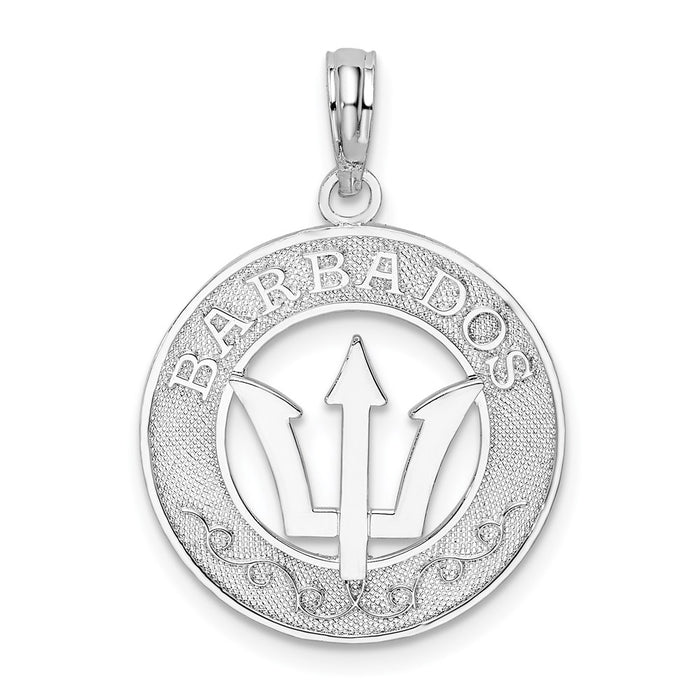 Million Charms 925 Sterling Silver Travel Charm Pendant, Barbados On Round Frame with Trident Spear Center