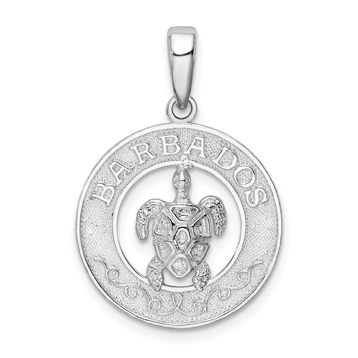 Million Charms 925 Sterling Silver Travel Charm Pendant, Barbados On Round Frame with Turtle Center