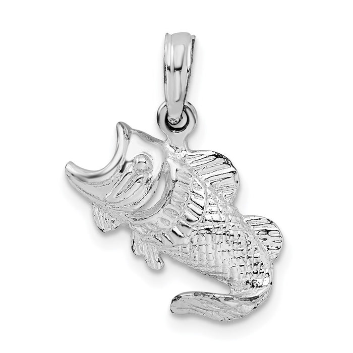 Million Charms 925 Sterling Silver Sea Life Nautical Charm Pendant, Bass Fish Jumping, 2-D & Textured With Cut-Out Gill