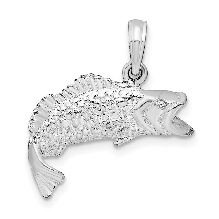 Million Charms 925 Sterling Silver Sea Life Nautical Charm Pendant, Bass Fish Jumping, 2-D & Textured & Curved Tail